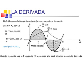 LA DERIVADA
Definido como índice de la variable (x) con respecto al tiempo (t)
Si X(t) = Xm sen ωt
dx = ωxm cos ωt
dt
dx = 2πfXm cos ωt
dt
Valor pico = 2πfXm

*Cuanto mas alta sea la frecuencia (f) tanto mas alto será el valor pico de la derivada

 