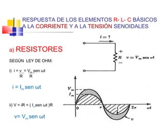 RESPUESTA DE LOS ELEMENTOS R- L- C BÁSICOS
A LA CORRIENTE Y A LA TENSIÓN SENOIDALES

a) RESISTORES
SEGÚN LEY DE OHM:
i) i = v = Vm sen ωt
R
R

i = Im sen ωt
ii) V = iR = ( Imsen ωt )R

v= Vm sen ωt

 
