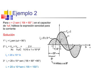 Ejemplo 2
Para v = 2 sen ( 10t + 60° ) en el capacitor
de 1uf, hállese la expresión senoidal para
la corriente

Solución
1° ic = Imsen (ωt + 90°)
2° Im = Vm = Vm =
2V
Xc 1/ωC 1/(10 x 1 x 10-6)F
Im = 20 x 10-6 A
3° ic = 20 x 10-6 sen ( 10t + 60° +90°)

i = 20 x 10-6sen ( 10t + 150°)

 