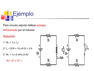 Ejemplo
Para circuito adjunto hállese energía
almacenada por el inductor

Solución
1° WL = ½ L Im2
2° Im = E/R = 15 v/5 Ω = 3 A
3° WL = ½ ( 6 mH) (3 A)2
WL= 27 x 10-3 J

 