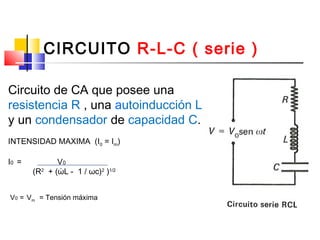 CIRCUITO R-L-C ( serie )
Circuito de CA que posee una
resistencia R , una autoinducción L
y un condensador de capacidad C.
INTENSIDAD MAXIMA (I0 = Im)
I0 =

V0
(R2 + (ώL - 1 / ωc)2 )1/2

V0 = Vm = Tensión máxima

 