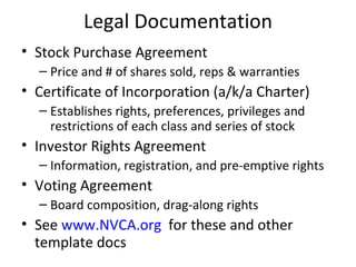 Legal Documentation Stock Purchase Agreement Price and # of shares sold, reps & warranties Certificate of Incorporation (a/k/a Charter) Establishes rights, preferences, privileges and restrictions of each class and series of stock Investor Rights Agreement Information, registration, and pre-emptive rights Voting Agreement Board composition, drag-along rights See  www.NVCA.org   for these and other template docs 