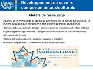 Développement de savoirs 
comportementaux/culturels 
Ateliers de réseautage 
Ateliers pour immigrants et étudiants étrangers sur la culture canadienne, la 
culture pédagogique canadienne et la culture de travail canadienne 
Communication interculturelle efficace : comment éviter les malentendus et se faire entendre 
Styles d'apprentissage canadiens : stratégies adaptées aux salles de classe canadiennes 
Comprendre le Canada 
Culture de travail canadienne : s'installer, s'adapter et prospérer 
Comment adapter votre CV international pour le marché canadien 
 