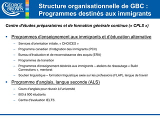 Structure organisationnelle de GBC : 
Programmes destinés aux immigrants 
Centre d'études préparatoires et de formation générale continue (« CPLS ») 
 Programmes d’enseignement aux immigrants et d’éducation alternative 
– Services d'orientation initiale, « CHOICES » 
– Programme canadien d’intégration des immigrants (PCII) 
– Bureau d'évaluation et de reconnaissance des acquis (ERA) 
– Programmes de transition 
– Programmes d'enseignement destinés aux immigrants – ateliers de réseautage « Build 
Connections », mentorat 
– Soutien linguistique – formation linguistique axée sur les professions (FLAP), langue de travail 
 Programme d'anglais, langue seconde (ALS) 
– Cours d'anglais pour réussir à l'université 
– 800 à 900 étudiants 
– Centre d'évaluation IELTS 
 