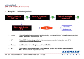 Seite 10/22 VCPlusServicemenue_ST_STM.ppt Autor: Karl Grabherr (SPL) 17.12.2004
VISOCALL PLUS.
VISOCALL PLUS.
ST-D / STM-D / STM-AD Servicemenü
ST-D / STM-D / STM-AD Servicemenü
• Menüpunkt 7 - Stationsbusprotokoll
– VCPlus Visocall Plus Stationsbusprotokoll - wird verwendet, wenn ausschließlich VCPlus Schwesternterminals
an den Stationsbus angeschlossen sind
– MP1 Visocall MP-1 Stationsbusprotokoll - wird verwendet, wenn an den Stationsbus auch MP-1
Zimmerterminals angeschlossen sind
– Reserved evtl. für spätere Verwendung reserviert - keine Funktion
– MP2 Visocall MP-2 Stationsbusprotokoll - muß verwendet werden, wenn auf dem Stationsbus auch
MP-2 Zimmerterminals angeschlossen sind
Weiter zu
Menüpunkt 8
 