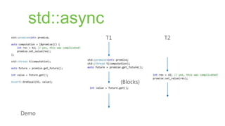 std::async
               T1              T2




                    (Blocks)




Demo
 