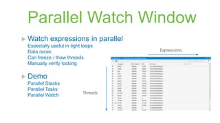 Parallel Watch Window
 Watch     expressions in parallel
 Especially useful in tight loops
 Data races                           Expressions
 Can freeze / thaw threads
 Manually verify locking

 Demo
 Parallel Stacks
 Parallel Tasks
                            Threads
 Parallel Watch
 