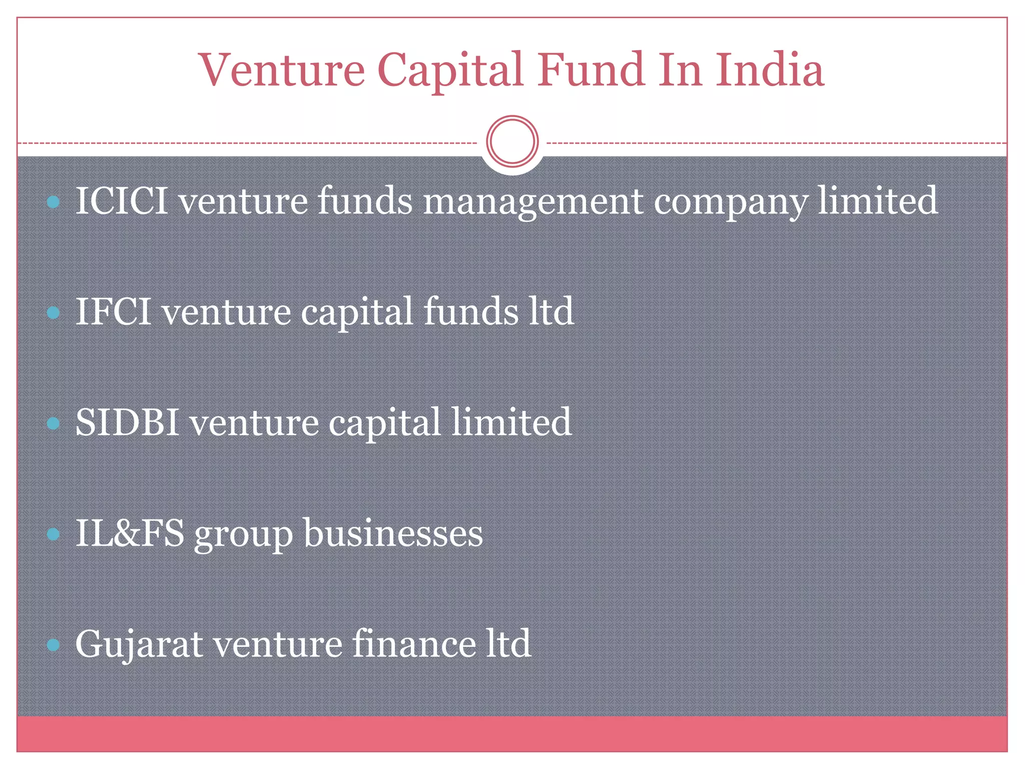 Venture Capital Fund In India
 ICICI venture funds management company limited
 IFCI venture capital funds ltd
 SIDBI venture capital limited
 IL&FS group businesses
 Gujarat venture finance ltd
 