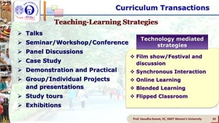 Curriculum Transactions
Prof. Vasudha Kamat, VC, SNDT Women's University 20
Teaching-Learning Strategies
 Talks
 Seminar/Workshop/Conference
 Panel Discussions
 Case Study
 Demonstration and Practical
 Group/Individual Projects
and presentations
 Study tours
 Exhibitions
 Film show/Festival and
discussion
 Synchronous Interaction
 Online Learning
 Blended Learning
 Flipped Classroom
Technology mediated
strategies
 
