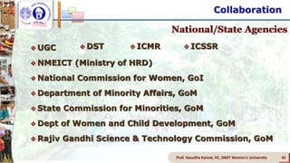 Collaboration
Prof. Vasudha Kamat, VC, SNDT Women's University 42
National/State Agencies
 UGC
 NMEICT (Ministry of HRD)
 National Commission for Women, GoI
 Department of Minority Affairs, GoM
 State Commission for Minorities, GoM
 Dept of Women and Child Development, GoM
 Rajiv Gandhi Science & Technology Commission, GoM
 ICSSR ICMR DST
 
