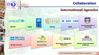 UNICEF UNDP WEIGO IDRC
Commonwealth of
Learning
Prof. Vasudha Kamat, VC, SNDT Women's University 43
International Agencies
British Council Harvest Plus
Barrington Education
Initiative
Shastri-Indo Canadian
Institute
Collaboration
 