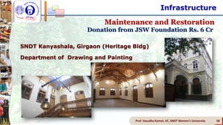 Prof. Vasudha Kamat, VC, SNDT Women's University 58
SNDT Kanyashala, Girgaon (Heritage Bldg)
Department of Drawing and Painting
Donation from JSW Foundation Rs. 6 Cr
Maintenance and Restoration
Infrastructure
 
