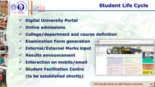 Prof. Vasudha Kamat, VC, SNDT Women's University 66
 Digital University Portal
 Online admissions
 College/department and course definition
 Examination Form generation
 Internal/External Marks input
 Results announcement
 Interaction on mobile/email
 Student Facilitation Centre
(to be established shortly)
Student Life Cycle
 