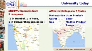 University today
SNDTWU Operates from
3 campuses
(2 in Mumbai, 1 in Pune,
1 in Shriwardhan coming up)
Affiliated Colleges in 7 States
Maharashtra Uttar Pradesh
Gujrat Bihar
Goa Madhya Pradesh
Assam
Prof. Vasudha Kamat, VC, SNDT Women's University 8
 
