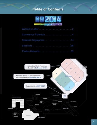 TO PARKING STRUCTURE 
Welcome Letter. 2 
Conference Schedule . 4 
Speaker Biographies. 14 
Sponsors . 26 
Poster Abstracts . 33 
NAPA I NAPA II NAPA III 
SONOMA 
MENDOCINO 
SANTA CLARA 
CONVENTION 
CENTER 
TUSCA 
COURTYARD 
TUSCA RESTAURANT 
POOL ELEVATOR 
CABANAS 
WHIRLPOOL 
SWIMMING POOL 
@ THE MARKET 
TERRA COURTYARD 
Networking Meals, Posters and 
Exhibits in Ballrooms EFGH 
EVOLUTION 
CAFE AND BAR 
FRONT 
DESK 
ELEVATORS 
CONCIERGE 
UP TO BALLROOM 
HOTEL ENTRANCE 
GIFT SHOP 
ATM 
REGENCY CLUB® 
MAGNOLIA 
NETWORK 
MEETING 
CENTER 
RESTROOMS 
TRUYA SUSHI 
LOUNGE 
RESTROOMS 
RESTROOMS 
Keynotes, Plenary & Concurrent Panels, 
and Performances in Ballrooms ABCD 
Registration in LOBBY WEST 
Ballrooms 
LOBBY 
WEST 
A 
B 
C 
D 
H 
G 
F 
E 
3 
Table of Contents 
 