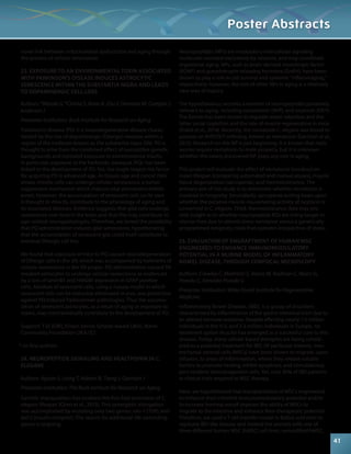 novel link between mitochondrial dysfunction and aging through 
the process of cellular senescence. 
23. EXPOSURE TO AN ENVIRONMENTAL TOXIN ASSOCIATED 
WITH PARKINSON’S DISEASE INDUCES ASTROCYTIC 
SENESCENCE WITHIN THE SUBSTANTIA NIGRA AND LEADS 
TO DOPAMINERGIC CELL LOSS 
Authors: *Woods G, *Chinta S, Rane A, Zou Y, Demaria M, Campisi J, 
Andersen J 
Presenter Institution: Buck Institute for Research on Aging 
Parkinson’s disease (PD) is a neurodegenerative disease charac-terized 
by the loss of dopaminergic (DAergic) neurons within a 
region of the midbrain known as the substantia nigra (SN). PD is 
thought to arise from the combined effect of susceptible genetic 
backgrounds and repeated exposure to environmental insults. 
In particular, exposure to the herbicide, paraquat (PQ), has been 
linked to the development of PD. Yet, the single largest risk factor 
for acquiring PD is advanced age. As tissues age and cancer risks 
amass, mitotic cells can undergo cellular senescence, a tumor 
suppressive mechanism which induces near permanent mitotic 
arrest. However, the accumulation of senescent cells on its own 
is thought to directly contribute to the physiology of aging and 
its associated diseases. Evidence suggests that glial cells undergo 
senescence over time in the brain and that this may contribute to 
age-related neuropathologies. Therefore, we tested the possibility 
that PQ administration induces glial senescence, hypothesizing 
that the accumulation of senescent glia could itself contribute to 
eventual DAergic cell loss. 
We found that exposure of mice to PQ caused neurodegeneration 
of DAergic cells in the SN, which was accompanied by hallmarks of 
cellular senescence in the SN proper. PQ administration caused SN 
resident astrocytes to undergo cellular senescence as evidenced 
by a loss of laminB1 and HMGB1 expression in GFAP positive 
cells. Ablation of senescent cells, using a mouse model in which 
senescent cells can be inducibly eliminated in vivo, was protective 
against PQ induced Parkinsonian pathologies. Thus the accumu-lation 
of senescent astrocytes, as a result of aging or exposure to 
toxins, may mechanistically contribute to the development of PD. 
Support: T32 (GW), Ellison Senior Scholar Award (JKA), Marin 
Community Foundation (JKA/JC) 
* co-first authors 
24. NEUROPEPTIDE SIGNALING AND HEALTHSPAN IN C. 
ELEGANS 
Authors: Aguiar S, Liang T, Adams N, Tseng J, Garrison J 
Presenter Institution: The Buck Institute for Research on Aging 
Genetic manipulation has enabled the five-fold extension of C. 
elegans lifespan (Chen et al., 2013). This synergistic elongation 
was accomplished by mutating only two genes: rsks-1 (TOR) and 
daf-2 (insulin receptor). The search for additional life-extending 
genes is ongoing. 
Poster Abstracts 
Neuropeptides (NPs) are modulatory intercellular signaling 
molecules secreted exclusively by neurons, and may coordinate 
organismal aging. NPs, such as brain-derived neurotropic factor 
(BDNF) and gonadotropin-releasing hormone (GnRH), have been 
shown to play a role in cell survival and systemic “inflammaging,” 
respectively. However, the role of other NPs in aging is a relatively 
new area of inquiry. 
The hypothalamus secretes a number of neuropeptides putatively 
relevant to aging, including vasopressin (AVP), and oxytocin (OXY). 
The former has been shown to regulate water retention and the 
latter social cognition and the rate of muscle regeneration in mice 
(Elabd et al., 2014). Recently, the nematode C. elegans was found to 
possess an AVP/OXY ortholog, known as nematocin (Garrison et al., 
2012). Research on this NP is just beginning. It is known that male 
worms require nematocin to mate properly, but it is unknown 
whether this newly discovered NP plays any role in aging. 
This project will evaluate the effect of nematocin knockout on 
mean lifespan (comparing automated and manual assays), muscle 
tissue degeneration (sarcopenia), and thermotolerance. The 
primary aim of this study is to determine whether nematocin is 
involved in longevity. Secondarily, sarcopenia testing bears upon 
whether the putative muscle-rejuvenating activity of oxytocin is 
conserved in C. elegans. Third, thermotolerance data may pro-vide 
insight as to whether neuropeptide KOs are living longer or 
shorter lives due to altered stress resistance versus a genetically 
programmed longevity clock that operates irrespective of stress. 
25. EVALUATION OF ENGRAFTMENT OF HUMAN MSC 
ENGINEERED TO ENHANCE IMMUNOMODULATORY 
POTENTIAL IN A MURINE MODEL OF INFLAMMATORY 
BOWEL DISEASE, THROUGH CONFOCAL MICROSCOPY 
Authors: Crowley C, Mokhtari S, Vance M, Rodman C, Marrs G, 
Porada C, Almeida-Porada G 
Presenter Institution: Wake Forest Institute for Regenerative 
Medicine 
Inflammatory Bowel Disease, (IBD), is a group of disorders 
characterized by inflammation of the gastro-intestinal tract due to 
an altered immune response. Despite affecting nearly 1.5 million 
individuals in the U.S. and 2.2 million individuals in Europe, no 
treatment option thus far has emerged as a successful cure to this 
disease. Today, many cellular based therapies are being consid-ered 
as a potential treatment for IBD. Of particular interest, mes-enchymal 
stromal cells (MSCs) have been shown to migrate, upon 
infusion, to areas of inflammation, where they release soluble 
factors to promote healing, inhibit apoptosis, and stimulate/sup-port 
resident stem/progenitor cells. Yet, only 30% of IBD patients 
in clinical trials respond to MSC therapy. 
Here, we hypothesized that transplantation of MSCs engineered 
to enhance their inherent immunomodulatory potential and/or 
to increase homing would improve the ability of MSCs to 
migrate to the intestine and enhance their therapeutic potential. 
Therefore, we used a T cell transfer model in Balb/c-scid mice to 
replicate IBD-like disease and treated the animals with one of 
three different human MSC (hMSC) cell lines: unmodified hMSC, 
41 
 