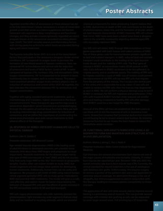 regulated and the effect of senescence on these diseases has yet 
to be fully determined. Cellular senescence is a state of irreversible 
growth arrest that serves as a tumor-suppressive mechanism. 
Senescent cells experience deep morphological and functional 
changes, and they activate a transcriptionally-regulated secretory 
program known as the senescence-associated secretory pheno-type 
(SASP). The SASP includes several proinflammatory factors 
with strong paracrine activity for which levels are elevated during 
aging and cancer treatment. 
The hypoxia-inducible factor (HIF)-1a is one of the transcription 
factors that participate in the senescence program. Under normal 
conditions, HIF-1a responds to oxygen levels to promote the 
formation of new blood vessels in hypoxic conditions. Here, we 
compared HIF-1a knockdown and control cells for induction 
of senescence and levels of SASP factors. Levels of HIF-1a were 
compared at hypoxic (1%), normoxic (3%), and atmospheric (20%) 
oxygen concentrations. HIF-1a is expected to be present in tissue 
traditionally low on oxygen, such as tumor masses. This experi-ment 
examined whether oxygen levels similarly played a role in 
induction of senescence and control of the SASP. All together, the 
data indicates the connection between HIF-1a, senescence, and 
oxygen concentration. 
Together with aging, standard anticancer treatments, such as 
chemotherapy and irradiation, induce senescence in the tissue 
microenvironment. These therapeutic approaches may cause a 
senescence-dependent cancer recurrence or accelerated aging 
through the disruption of normal tissue functions. Here, we look 
at varying chemotherapy drug concentration for induction of 
senescence, and we define the importance of counteracting the 
senescence phenotype upon anti-cancer treatments to limit 
adverse effects of the therapies. 
28. RESPONSE OF ROBO1-DEFICIENT HUMAN RPE CELLS TO 
PHYSICAL DAMAGE 
Authors: Liker K, Goldin E 
Presenter Institution: SRF Research Center 
Age-related macular degeneration (AMD) is the leading cause 
of adult blindness in developed countries, yet scientists know 
relatively little about how AMD begins and progresses to visual 
impairment. Available treatments for the disease target mainly 
one type of AMD (neovascular or “wet” AMD) and do not success-fully 
treat early stage AMD or the “dry” form known as geographic 
atrophy. Studies often use rodent models to study AMD, but 
model organisms are not always ideal systems for developing 
human treatments. Additionally, human trials can be costly and 
dangerous. We propose a cell model of AMD using mature human 
retinal pigment epithelial (RPE) cells to study genes implicated in 
AMD and potential AMD treatments. This model will give us a safe, 
cost-effective, and realistic model for better characterizing the 
behavior of diseased RPE cells and the effects of genes involved in 
the RPE extracellular matrix (ECM) and lipid transport. 
RPE cells supply photoreceptor cells with nutrients, process the 
photoreceptors’ light-transducing outer segments that are shed 
daily, and are involved in recycling retinoids, which are essential 
Poster Abstracts 
chemical components for vision processing. Experts believe that 
in AMD, dysfunction or death of RPE cells contributes to the death 
of photoreceptors, vision loss, and the formation of drusen, which 
are lipid deposits characteristic of AMD. However, RPE cell cultures 
that mimic AMD have rarely been created since there is disagree-ment 
in the scientific community regarding whether aged RPE 
cells accurately represent AMD. 
Our RPE cells will mimic AMD through RNAi knockdown of three 
genes associated with both human and rodent versions of AMD. 
Two of these genes code for transmembrane proteins significant 
in lipid and nutrient transport. In AMD, reduced lipid and nutrient 
transport could contribute to the buildup of the lipid deposits 
inside drusen and the viability of RPE cells. The final gene of 
interest is ROBO1, an extracellular matrix (ECM) protein in RPE 
cells. Cells deficient in ROBO1 are known to be less adherent, to 
migrate poorly, and to proliferate poorly. The inability of RPE cells 
to migrate could be a cause of AMD: loss of motion could prevent 
the replacement of old RPE cells by new RPE cells that migrate 
from the periphery of the macula. The macula is the central part 
of the retina and is responsible for acute vision. If new cells are 
unable to replace old RPE cells, then the macula may degenerate 
as seen in AMD. We will perform a physical damage assay to test if 
ROBO1 is necessary for RPE cell migration and proliferation. If the 
cells with impaired ROBO1 function show reduced cell prolifer-ation 
and healing compared to healthy RPE cells after damage, 
then ROBO1 could be a new target for AMD therapies. 
Once all of the RNAi cell lines are established, the team plans to 
use these cells to test the response of cells to lysosomal treat-ments. 
Researchers propose that lysosomal dysfunction could be 
a contributing factor to drusen-related lipid buildup. By restoring 
lysosomal function to our model, the team hopes to reduce this 
intracellular waste accretion. 
29. FUNCTIONAL SKIN GRAFTS FABRICATED USING A 3D 
BIOPRINTER FORM AND MAINTAIN SKIN STRUCTURE AFTER 
IN VIVO IMPLANTATION. 
Authors: Marco J, Jeong C, Yoo J, Atala A 
Presenter Institution: Wake Forest Institute for Regenerative 
Medicine 
Full-thickness skin wounds and extensive burn injuries are one of 
the major causes of morbidity and mortality. Globally, 11 million 
burn injuries are reported per year. Between 1998 and 2007, the 
overall mortality rate due to burn injuries was 4.9%. Currently, the 
clinical standard for wound treatment is the use of autologous 
split-thickness skin grafts. Unfortunately, this requires surgery 
to remove a portion of the patient’s skin and is not applicable to 
extensive wound coverage. An alternative therapy is the use of 
allografts, but immunosuppression is used in conjunction with 
this therapy, leading to increased patient susceptibility to illness 
and pain. 
The application of skin cells onto wound sites to improve wound 
healing is a promising area of research. This can provide wound 
coverage with minimal skin grafting as cells can be expanded 
to cover larger wound areas. Cell printing by a 3D bioprinter 
43 
 