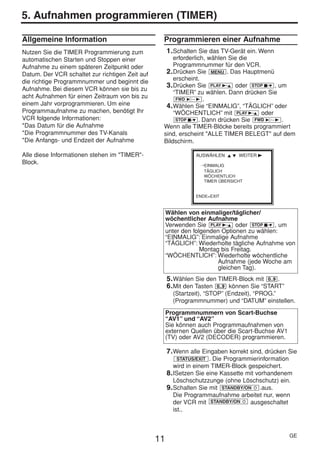 HE470/472ED(GE).QX3       02.11.13      2:20 PM       Page 11




     5. Aufnahmen programmieren (TIMER)

     Allgemeine Information                             Programmieren einer Aufnahme
     Nutzen Sie die TIMER Programmierung zum               1. Schalten Sie das TV-Gerät ein. Wenn
     automatischen Starten und Stoppen einer                erforderlich, wählen Sie die
     Aufnahme zu einem späteren Zeitpunkt oder              Programmnummer für den VCR.
     Datum. Der VCR schaltet zur richtigen Zeit auf      2. Drücken Sie MENU . Das Hauptmenü
     die richtige Programmnummer und beginnt die            erscheint.
                                                         3. Drücken Sie PLAY B-K oder STOP C-L , um
     Aufnahme. Bei diesem VCR können sie bis zu
                                                            “TIMER” zu wählen. Dann drücken Sie
     acht Aufnahmen für einen Zeitraum von bis zu            FWD 1- B .
     einem Jahr vorprogrammieren. Um eine                4. Wählen Sie “EINMALIG”, “TÄGLICH” oder
     Programmaufnahme zu machen, benötigt Ihr               “WÖCHENTLICH” mit PLAY B-K oder
     VCR folgende Informationen:                             STOP C-L . Dann drücken Sie FWD 1- B .
     *Das Datum für die Aufnahme                        Wenn alle TIMER-Blöcke bereits programmiert
     *Die Programmnummer des TV-Kanals                  sind, erscheint "ALLE TIMER BELEGT" auf dem
     *Die Anfangs- und Endzeit der Aufnahme             Bildschirm.

     Alle diese Informationen stehen im "TIMER"-                     AUSWÄHLEN K L WEITER B
     Block.                                                            →EINMALIG
                                                                        TÄGLICH
                                                                        WÖCHENTLICH
                                                                        TIMER ÜBERSICHT


                                                                     ENDE=EXIT



                                                           Wählen von einmaliger/täglicher/
                                                           wöchentlicher Aufnahme
                                                           Verwenden Sie PLAY B-K oder STOP C-L , um
                                                           unter den folgenden Optionen zu wählen:
                                                           “EINMALIG”: Einmalige Aufnahme
                                                           “TÄGLICH”: Wiederholte tägliche Aufnahme von
                                                                        Montag bis Freitag.
                                                           “WÖCHENTLICH”: Wiederholte wöchentliche
                                                                              Aufnahme (jede Woche am
                                                                              gleichen Tag).
                                                           5. Wählen Sie den TIMER-Block mit 0..9 .
                                                           6. Mit den Tasten 0..9 können Sie “START”
                                                             (Startzeit), “STOP” (Endzeit), “PROG.”
                                                             (Programmnummer) und “DATUM” einstellen.
                                                           Programmnummern von Scart-Buchse
                                                           “AV1” und “AV2”
                                                           Sie können auch Programmaufnahmen von
                                                           externen Quellen über die Scart-Buchse AV1
                                                           (TV) oder AV2 (DECODER) programmieren.

                                                           7. Wenn alle Eingaben korrekt sind, drücken Sie
                                                                STATUS/EXIT . Die Programmierinformation
                                                              wird in einem TIMER-Block gespeichert.
                                                           8. ISetzen Sie eine Kassette mit vorhandenem
                                                              Löschschutzzunge (ohne Löschschutz) ein.
                                                           9. Schalten Sie mit STANDBY/ON y .aus.
                                                              Die Programmaufnahme arbeitet nur, wenn
                                                              der VCR mit STANDBY/ON y ausgeschaltet
                                                              ist..



                                                                                                        GE
                                                      11
 