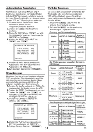 HE470/472ED(GE).QX3        02.11.13         2:20 PM   Page 14




     Automatisches Ausschalten                            Wahl des Tonkanals
     Wenn Sie den VCR einige Minuten lang in              Sie können den gewünschten Tonkanal bei der
     bestimmten Betriebsarten nicht bedient haben         Wiedergabe oder beim Fernsehen über den
     (z.B. bei STOP-Betriebsart), schaltet er automa-     VCR wählen. Dadurch können Sie z.B. bei
     tisch aus. Diese Funktion können sie ausschalten,    zweisprachigen Ausstrahlungen die gewünschte
     um den VCR als TV-Empfänger zu verwenden.            Sprache wählen.
       1. Schalten Sie das TV-Gerät ein. Wenn              1. Drücken Sie AUDIO . Dadurch wird die
          erforderlich, wählen Sie die                        aktuelle Toneinstellung gezeigt.
          Programmnummer für den VCR.                      2. Drücken Sie AUDIO , bis die gewünschte
       2. Drücken Sie MENU . Das Hauptmenü                    Einstellung im Display erscheint.
          erscheint.
      3. Drücken Sie PLAY B-K oder STOP C-L , um “VCR         • Empfang von Stereosendungen:
         EINSTELLUNGEN” zu wählen. Dann drücken Sie                                      Anzeige im
           FWD 1- B zur Bestätigung.
                                                                Modus     AUDIO-AUSGANG TV-Bildschirm
       4. Wählen Sie “AUTO. ABSCHALT.” mit                                L    L Audio
           PLAY B-K oder STOP C-L .                             Stereo                             STEREO
                                                                          R    R Audio
               AUSWÄHLEN K L WEITER B                                     L    L Audio
                                                                   L                                LINKS
                  STATUS ANZEIGE    [EIN]                                 R    L Audio
                  BLAUER HINTERG.   [EIN]
                 →AUTO. ABSCHALT.   [AUS]
                                                                          L    R Audio
                                                                   R                               RECHTS
                  UHRZEITANZEIGE    [EIN]                                 R    R Audio
                                                                          L    L+R Audio
               ENDE=EXIT                                         Mono
                                                                          R    L+R Audio
      5. Wählen Sie “AUS” (kein automatisches                 • Bei Wiedergabe des bespielten Bandes im
         Ausschalten) oder “EIN” (automatisches                HiFi-Modus:
         Ausschalten) mit FWD 1- B .                                                              Anzeige im
      6. Zum Beenden drücken Sie STATUS/EXIT .                  Modus     AUDIO-AUSGANG          TV-Bildschirm
                                                                                                    Stereo
                                                                          L   Hi Fi L Audio
     Uhrzeitanzeige                                             Stereo                           STEREO
                                                                          R   Hi Fi R Audio
     Mit dieser Funktion können Sie die Anzeige des                       L   Hi Fi L Audio
     VCR ausschalten. Dies ist praktisch, wenn Sie                 L                               LINKS
     sich beim Fernsehen in einem dunklen Raum                            R   Hi Fi L Audio
     durch die helle Anzeige gestört fühlen. Es                           L   Hi Fi R Audio
     reduziert zusätzlich den Stromverbrauch.                     R                              RECHTS
                                                                          R   Hi Fi R Audio
      1. Schalten Sie das Fernsehgerät ein. Wählen Sie
                                                                          L   Normal Audio
         gegebenenfalls die Sendernummer des VCR.               Mono                              MONO
      2. Drücken Sie MENU . Das Hauptmenü erscheint.                      R   Normal Audio
      3. Drücken Sie PLAY B-K oder STOP C-L um                                Hi Fi L Audio
                                                                          L   + Normales Audio
         ‘VCR EINSTELLUNGEN’ auszuwählen, und
         bestätigen Sie dann mit FWD 1- B .                   Mischung                           GEMISCHT
                                                                            Hi Fi R Audio
      4. Wählen Sie ‘UHRZEITANZEIGE’ mit                                  R + Normales Audio
          PLAY B-K oder STOP C-L .
                                                              • Beim Empfang von zweisprachigen Sendungen:
               AUSWÄHLEN K L WEITER B
                                                                Modus     AUDIO-AUSGANG Anzeige im
                  STATUS ANZEIGE    [EIN]                                               TV-Bildschirm
                  BLAUER HINTERG.   [EIN]
                  AUTO. ABSCHALT.   [AUS]                     HAUPTTON L  Haupt-Audio
                                                                                                   KANAL 1
                 →UHRZEITANZEIGE    [EIN]                      = TON 1 R  Haupt-Audio
                                                              UNTERTON  L Sub-Audio
               ENDE=EXIT                                                                           KANAL 2
                                                               = TON 2 R Sub-Audio
      5. Wählen Sie ‘AUS’ (Uhranzeige aus) oder               HAUPTTON L Haupt-Audio               KANAL 1
         ‘EIN’ (Uhranzeige ein) mit FWD 1- B .                +UNTERTON R Sub-Audio                KANAL 2
      6. Drücken Sie zum Beenden STATUS/EXIT .
                                                         14                                                  GE
 
