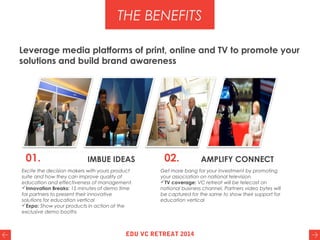 Leverage media platforms of print, online and TV to promote your
solutions and build brand awareness
Excite the decision makers with yours product
suite and how they can improve quality of
education and effectiveness of management.
Innovation Breaks: 15 minutes of demo time
for partners to present their innovative
solutions for education vertical
Expo: Show your products in action at the
exclusive demo booths
Get more bang for your investment by promoting
your association on national television
TV coverage: VC retreat will be telecast on
national business channel. Partners video bytes will
be captured for the same to show their support for
education vertical
THE BENEFITS
01. IMBUE IDEAS 02. AMPLIFY CONNECT
EDU VC RETREAT 2014
 