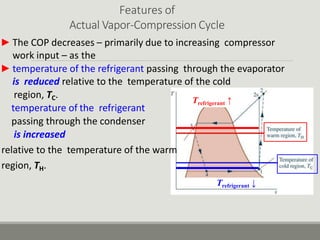 Features of
Actual Vapor-Compression Cycle
► The COP decreases – primarily due to increasing compressor
work input – as the
► temperature of the refrigerant passing through the evaporator
is reduced relative to the temperature of the cold
region, TC.
temperature of the refrigerant
passing through the condenser
is increased
relative to the temperature of the warm
region, TH.
Trefrigerant ↓
Trefrigerant ↑
 