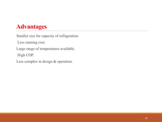 Advantages
18
Smaller size for capacity of refrigeration
Less running cost.
Large range of temperatures available.
High COP.
Less complex in design & operation.
 
