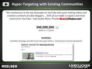 Hyper-Targeting with Existing Communities

“We reached out to the top 50 people on YouTube who were making videos and
 created a network of video bloggers. …92% of our traffic is organic and most
   comes from YouTube,” said Jordan Blum, President - BeautyChoice.com”



                                    views in < 2 years


                                          WARNING:
    Excellent strategy, but don’t just rely upon others. Control your brand reputation!
 