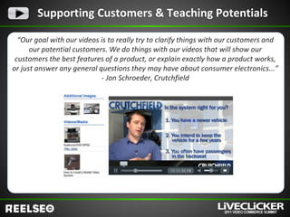 Supporting Customers & Teaching Potentials

  “Our goal with our videos is to really try to clarify things with our customers and
      our potential customers. We do things with our videos that will show our
 customers the best features of a product, or explain exactly how a product works,
or just answer any general questions they may have about consumer electronics...”
                            - Jon Schroeder, Crutchfield
 