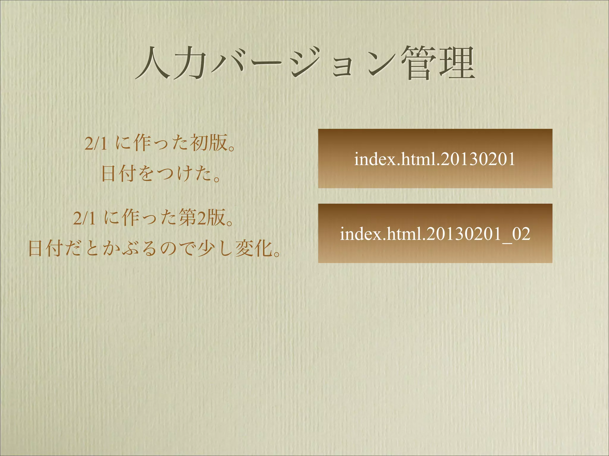 人力バージョン管理
   2/1 に作った初版。
                  index.html.20130201
   日付をつけた。

  2/1 に作った第2版。
                 index.html.20130201_02
日付だとかぶるので少し変化。
 