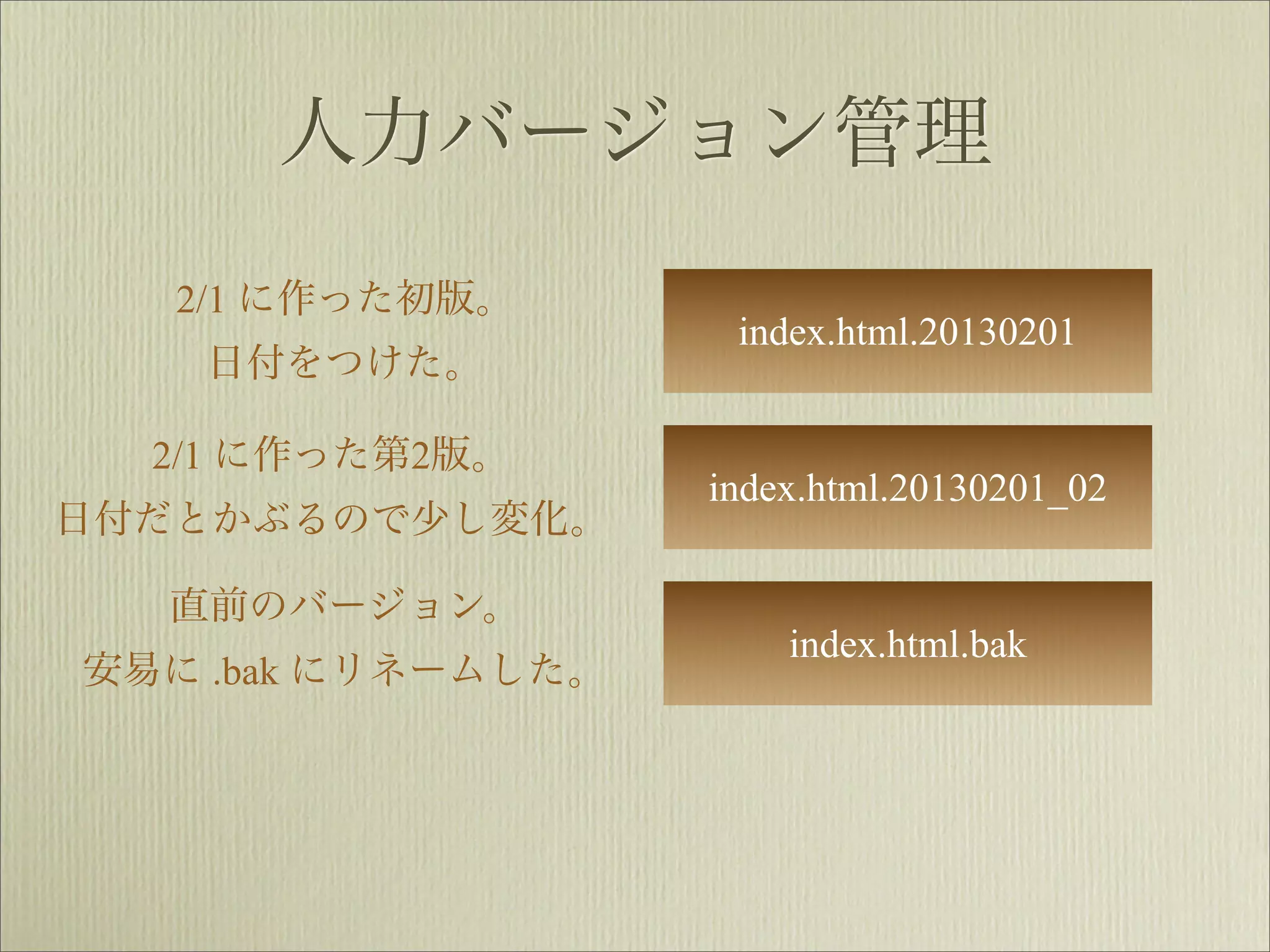 人力バージョン管理
   2/1 に作った初版。
                     index.html.20130201
   日付をつけた。

  2/1 に作った第2版。
                    index.html.20130201_02
日付だとかぶるので少し変化。

  直前のバージョン。
                        index.html.bak
安易に .bak にリネームした。
 