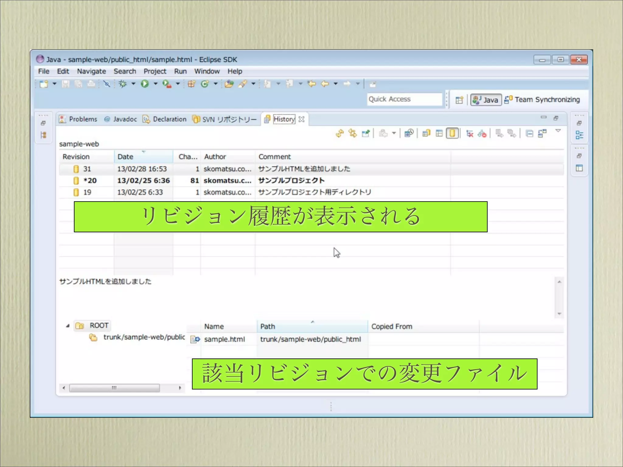 リビジョン履歴が表示される




  該当リビジョンでの変更ファイル
 