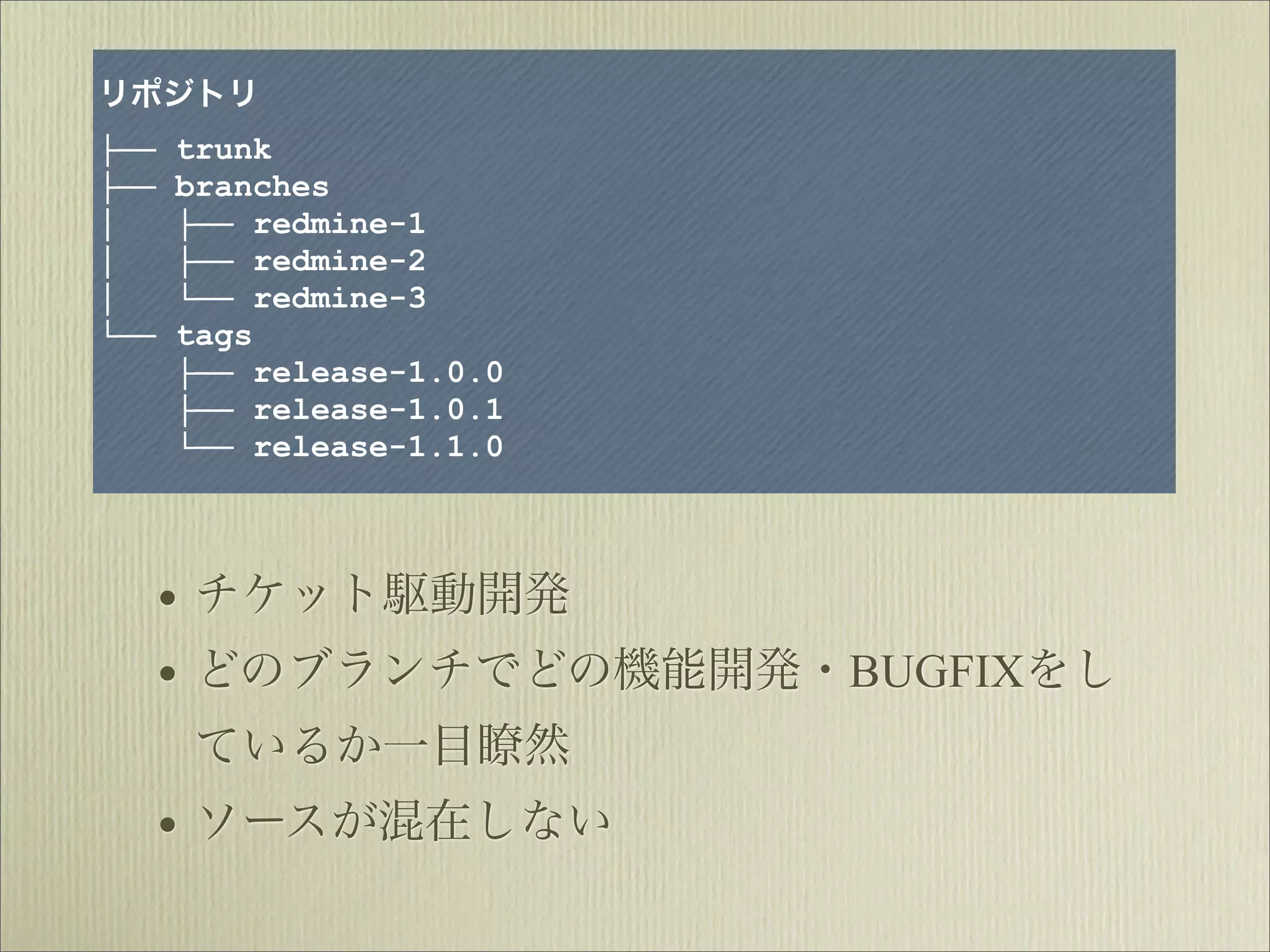 リポジトリ
├──   trunk
├──   branches
│     ├── redmine-1
│     ├── redmine-2
│     └── redmine-3
└──   tags
      ├── release-1.0.0
      ├── release-1.0.1
      └── release-1.1.0



      • チケット駆動開発
      • どのブランチでどの機能開発・BUGFIXをし
      ているか一目瞭然
      • ソースが混在しない
 