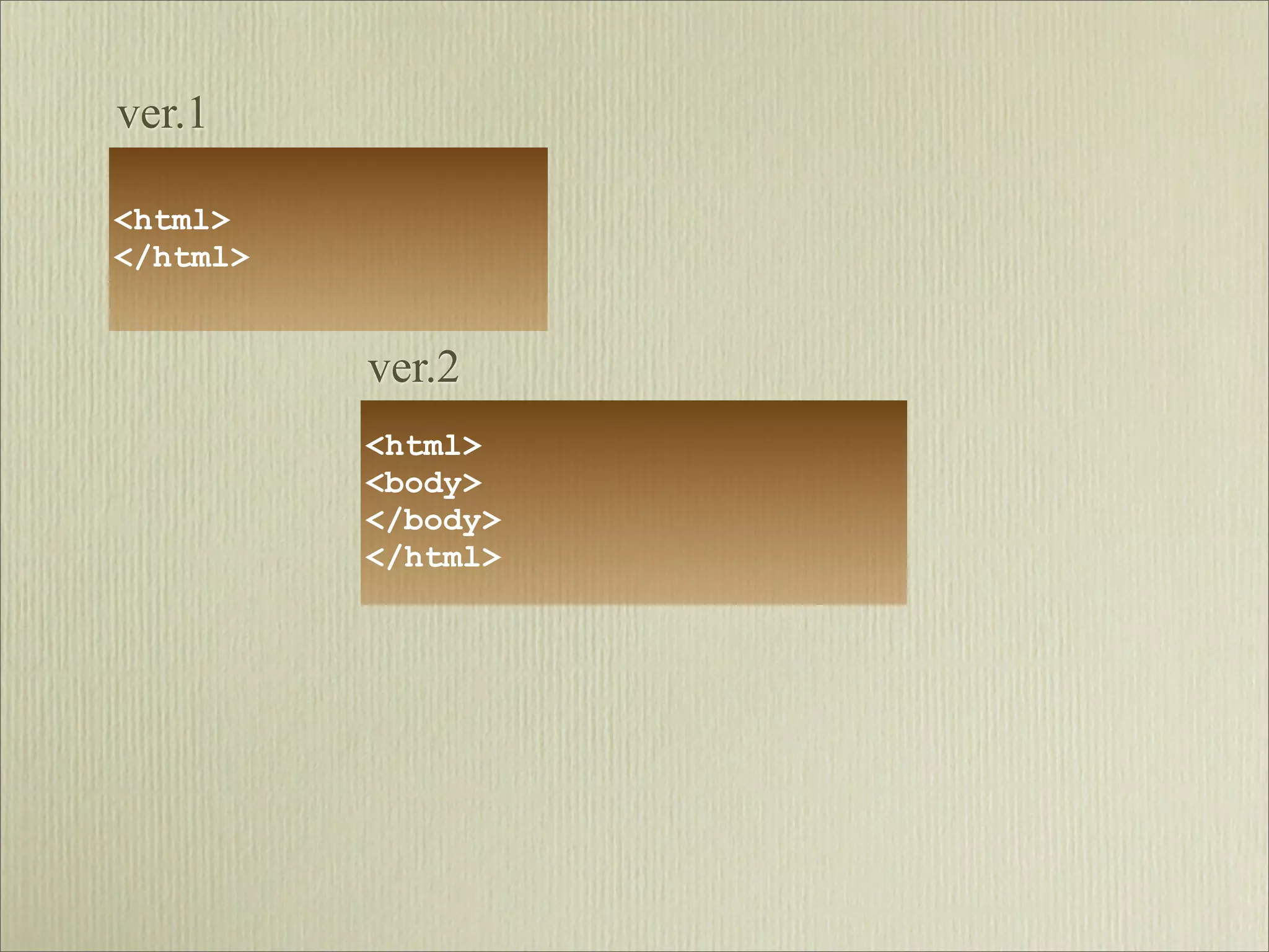 ver.1

<html>
</html>


          ver.2
          <html>
          <body>
          </body>
          </html>
 
