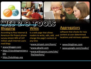 Web 2.0 ToolsAggregatorssoftware that checks for new content at user-determined locations and retrieves updateswww.bloglines.com