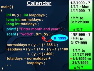 main( ) 
{ 
int m, y ; 
long int normaldays ; 
long int totaldays ; 
scanf ( ”%d%d”, &m, &y ) ; 
printf ( ”Enter month and year” ) ; 
normaldays = ( y - 1 ) * 365 L ; 
leapdays = ( y - 1 ) / 4 - ( y - 1 ) / 100 
+ ( y - 1 ) / 400 ; 
totaldays = normaldays + 
leapdays . . ; 
} 
8 1999 
1/8/1999 - ? 
1/1/1 - Mon 
1/1/1999 - ? 
1/1/1 to 
31/12/1998 
  
x % 7 
1/8/1999 - ? 
1/1/1 to 
31/7/1999  
1/1/1 to 
31/12/1998 
+1/1/1999 to 
31/7/1999 
x % 7 
CCaalleennddaarr 
int leapdays ; 
 