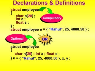 Declarations & Definitions 
struct employee 
{ 
char n ; 
int a ; 
float s ; 
} ; 
struct employee e 
Compulsory 
= { ”Rahul”, 25, 4000.50 } ; 
OR 
[20] 
Optional 
struct employee 
{ 
char n[20] ; int a ; float s ; 
} e = { ”R ahul”, 25, 4000.50 } , x, y 
; 
 