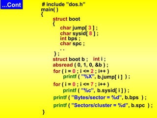 # include ”dos.h” 
main( ) 
{ 
struct boot 
{ 
char jump[ 3 ] ; 
char sysid[ 8 ] ; 
int bps ; 
char spc ; 
. . 
} ; 
struct boot b ; 
absread ( 0, 1, 0, &b ) ; 
for ( i = 0 ; i <= 2 ; i++ ) 
printf ( ”%X”, ) ; 
b.jump[ i ] 
for ( i = 0 ; i <= 7 ; i++ ) 
printf ( ”%c”, b.sysid[ i ] 
) ; 
printf ( ”Bytes/sector = %d”, b.bps ) ; 
printf ( ”Sectors/cluster = %d”, b.spc ) ; 
} 
int i ; 
......CCoonntt 
 