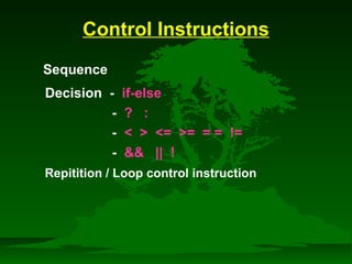 Control Instructions 
Sequence 
Decision - if-else 
- ? : 
-   = = = = != 
-  || ! 
Repitition / Loop control instruction  
 
