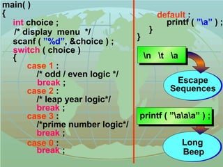 main( ) 
{ 
int choice ; 
/* display menu */ 
scanf ( ”%d”, &choice ) ; 
switch ( choice ) 
{ 
case 1 : 
/* odd / even logic */ 
break ; 
case 2 : 
/* leap year logic*/ 
break ; 
case 3 : 
/*prime number logic*/ 
break ; 
default : 
printf ( ”a” ) ; 
} 
} 
case 0 : 
break ; 
n t a 
Escape 
Sequences 
printf ( ”aaa” ) ; 
Long 
Beep 
 
