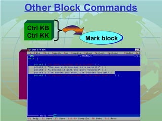 Other Block Commands 
Ctrl KB 
Ctrl KK 
Mark block 
Ctrl KV Move block 
Ctrl KC Copy block 
Ctrl KW Write block to file 
Ctrl KY Delete block 
Ctrl KH Hide or unmark block 
 