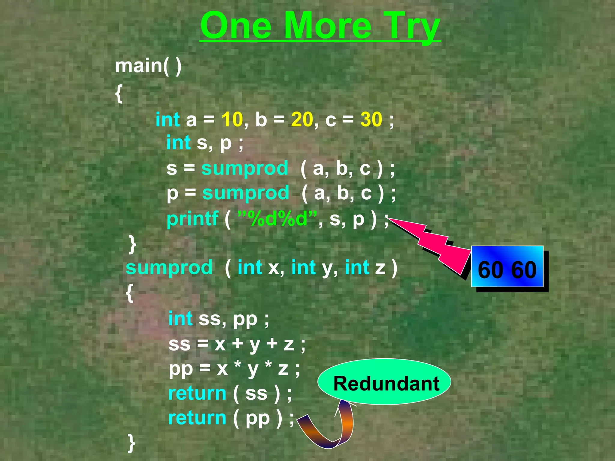 main( ) 
{ 
One More Try 
int a = 10, b = 20, c = 30 ; 
int s, p ; 
s = sumprod ( a, b, c ) ; 
p = sumprod ( a, b, c ) ; 
printf ( ”%d%d”, s, p ) ; 
} sumprod ( int x, int y, int z ) 
{ 
ss = x + y + z ; 
pp = x * y * z ; 
return ( ss ) ; 
return ( pp ) ; 
} 
int ss, pp ; 
60 60 
Redundant 
 