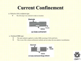 15
Current Confinement
d) Selective AlAs oxidation type:
 The AlAs layer was oxidized to make an insulator.
e) Oxidized DBR type:
 The same method is applied to oxidize DBR consisting of AlAs and GaAs.
 This is one of the volume-confinement methods and can reduce the non-radiative recombination.
 