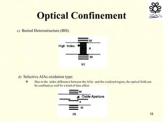 18
Optical Confinement
c) Buried Heterostructure (BH):
d) Selective AlAs oxidation type:
 Due to the index difference between the AlAs and the oxidized region, the optical field can
be confined as well by a kind of lens effect.
 