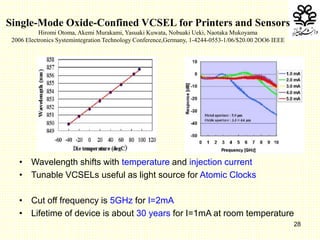 28
Single-Mode Oxide-Confined VCSEL for Printers and Sensors
Hiromi Otoma, Akemi Murakami, Yasuaki Kuwata, Nobuaki Ueki, Naotaka Mukoyama
2006 Electronics Systemintegration Technology Conference,Germany, 1-4244-0553-1/06/$20.00 2OO6 IEEE
• Wavelength shifts with temperature and injection current
• Tunable VCSELs useful as light source for Atomic Clocks
• Cut off frequency is 5GHz for I=2mA
• Lifetime of device is about 30 years for I=1mA at room temperature
 