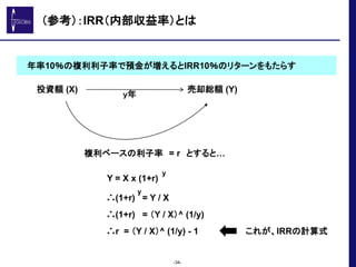 （参考）：IRR（内部収益率）とは
-34-
投資額 (X) 売却総額 (Y)
複利ベースの利子率 = r とすると…
Y = X x (1+r)
y
∴(1+r) = Y / X
y
∴(1+r) = （Y / X）^ (1/y)
∴r = ...