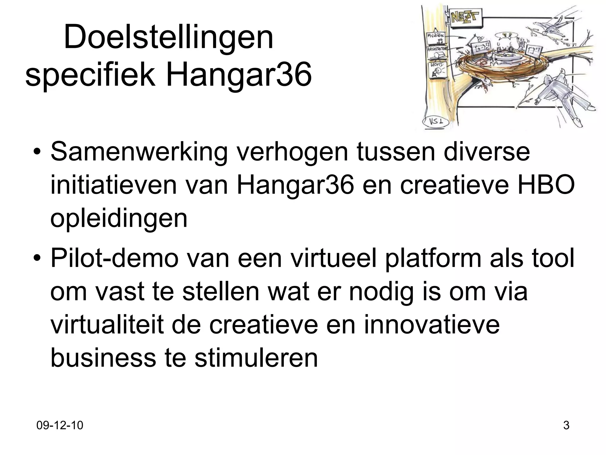 Doelstellingen specifiek Hangar36 Samenwerking verhogen tussen diverse initiatieven van Hangar36 en creatieve HBO opleidingen Pilot-demo van een virtueel platform als tool om vast te stellen wat er nodig is om via virtualiteit de creatieve en innovatieve business te stimuleren 09-12-10 