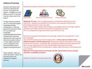 Evidence of Learning

Examples of products and          Examples of products and outcomes are as follows (click on each icon to see them):
outcomes created by the
learners throughout the
project – including use of ICT.
What sort of ICT is used and
how has it been used in the
project.                          Slideshows          brainstorming and forums        virtual classroom

To what extent do students        Regarding ICT used, there are digital projectors, and electronic whiteboards in the
use ICT in ways that support      classrooms. Netbooks are available for the students, and computers and classroom
knowledge building,               technology equipment is quite up to date.
collaboration, or learning        Digital cameras, graphic design software (gimp, autocollage), hotmail, messenger, skydrive,
beyond the classroom? Does        windows movie maker and virtual classroom (e-ducativa) are also used.
ICT use enable new                This is a quite good learning environment to promote the ICT use.
knowledge-
building/collaboration/learni
ng beyond the classroom           One of the main goals of this project is to encourage students to incorporate ICT in their
opportunities that would not      learning project.
have been possible without        The use of ICT provides not only technological skills. In fact, each one of them serves
it? Have digital tools been       different purposes in the learning process: Word processing, wiki participation, and e-mail
used in imaginative and           promote communication and literacy skills; spreadsheet software promotes organizational
ground-breaking ways to           skills; concept mapping promotes the understanding of planning and concepts.
support learning processes?       The use of the different tools and applications allows a right learning of it, and improves the
                                  user’s abilities.
                                  Moreover, ICT provide means for self-study, and offer opportunities to learn concepts
Please add files, videos etc.     otherwise unavailable to students.
which documents clearly the
learning process and
evidence of students’             Evidence of students’ learning is shown here
learning
 
