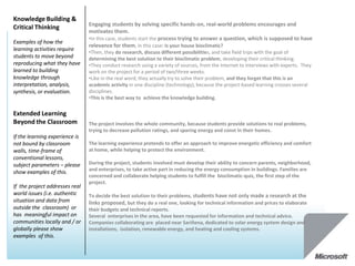 Knowledge Building &
                                Engaging students by solving specific hands-on, real-world problems encourages and
Critical Thinking
                                motivates them.
                                •In this case, students start the process trying to answer a question, which is supposed to have
Examples of how the
                                relevance for them, in this case: Is your house bioclimatic?
learning activities require
                                •Then, they do research, discuss different possibilities, and take field trips with the goal of
students to move beyond         determining the best solution to their bioclimatic problem, developing their critical thinking.
reproducing what they have      •They conduct research using a variety of sources, from the Internet to interviews with experts. They
learned to building             work on the project for a period of two/three weeks.
knowledge through               •Like in the real word, they actually try to solve their problem, and they forget that this is an
interpretation, analysis,       academic activity in one discipline (technology), because the project-based learning crosses several
synthesis, or evaluation.       disciplines.
                                •This is the best way to achieve the knowledge building.

Extended Learning
Beyond the Classroom            The project involves the whole community, because students provide solutions to real problems,
                                trying to decrease pollution ratings, and sparing energy and const in their homes.
If the learning experience is
not bound by classroom          The learning experience pretends to offer an approach to improve energetic efficiency and comfort
walls, time-frame of            at home, while helping to protect the environment.
conventional lessons,
subject parameters – please     During the project, students involved must develop their ability to concern parents, neighborhood,
                                and enterprises, to take active part in reducing the energy consumption in buildings. Families are
show examples of this.
                                concerned and collaborate helping students to fulfill the bioclimatic-quiz, the first step of the
                                project.
If the project addresses real
world issues (i.e. authentic    To decide the best solution to their problems, students have not only made a research at the
situation and data from         links proposed, but they do a real one, looking for technical information and prices to elaborate
outside the classroom) or       their budgets and technical reports.
has meaningful impact on        Several enterprises in the area, have been requested for information and technical advice.
communities locally and / or    Companies collaborating are placed near Sariñena, dedicated to solar energy system design and
globally please show            installations, isolation, renewable energy, and heating and cooling systems.
examples of this.
 