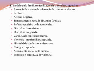  El modelo de la familia es facilitador de la conducta agresiva:
 Ausencia de marcos de referencia de comportamientos.
 Rechazo.
 Actitud negativa.
 Temperamento hacia la dinámica familiar.
 Refuerzo positivo de la agresividad.
 Disciplina inconsistente.
 Disciplina exagerada.
 Carencia de control de padres.
 Violencia intrafamiliar aceptable.
 Historial de conductas antisociales.
 Castigos corporales.
 Aislamiento social de la familia.
 Exposición continua a la violencia.
 