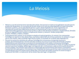 La Meiosis


Meiosis es una de las formas de la reproducción celular. Este proceso se realiza en las glándulas sexuales para la
producción de gametos. Es un proceso de división celular en el cual una célula diploide (2n) experimenta dos
divisiones sucesivas, con la capacidad de generar cuatro células haploides (n). En los organismos con
reproducción sexual tiene importancia ya que es el mecanismo por el que se producen los óvulos y
espermatozoides (gametos). Este proceso se lleva a cabo en dos divisiones nucleares y citoplasmáticas, llamadas
primera y segunda división meiótica o simplemente meiosis I y meiosis II. Ambas comprenden
profase, metafase, anafase y telofase.
Visión general de la meiosis. En la interface se duplica el material genético. En meiosis I los cromosomas
homólogos se reparten en dos células hijas, se produce el fenómeno de entrecruzamiento. En meiosis II, al igual
que en una mitosis, cada cromátida migra hacia un polo. El resultado son 4 células hijas haploides (n).
Durante la meiosis los miembros de cada par homólogo de cromosomas se emparejan durante la
profase, formando bivalentes. Durante esta fase se forma una estructura proteica denominada complejo
sinaptonémico, permitiendo que se produzca la recombinación entre ambos cromosomas homólogos.
Posteriormente se produce una gran condensación cromosómica y los bivalentes se sitúan en la placa ecuatorial
durante la primera metafase, dando lugar a la migración de n cromosomas a cada uno de los polos durante la
primera anafase. Esta división reduccional es la responsable del mantenimiento del número cromosómico
característico de cada especie. En la meiosis II, las cromátidas hermanas que forman cada cromosoma se separan
y se distribuyen entre los núcleos de las células hijas. Entre estas dos etapas sucesivas no existe la etapa S
(replicación del ADN). La maduración de las células hijas dará lugar a los gametos.
 